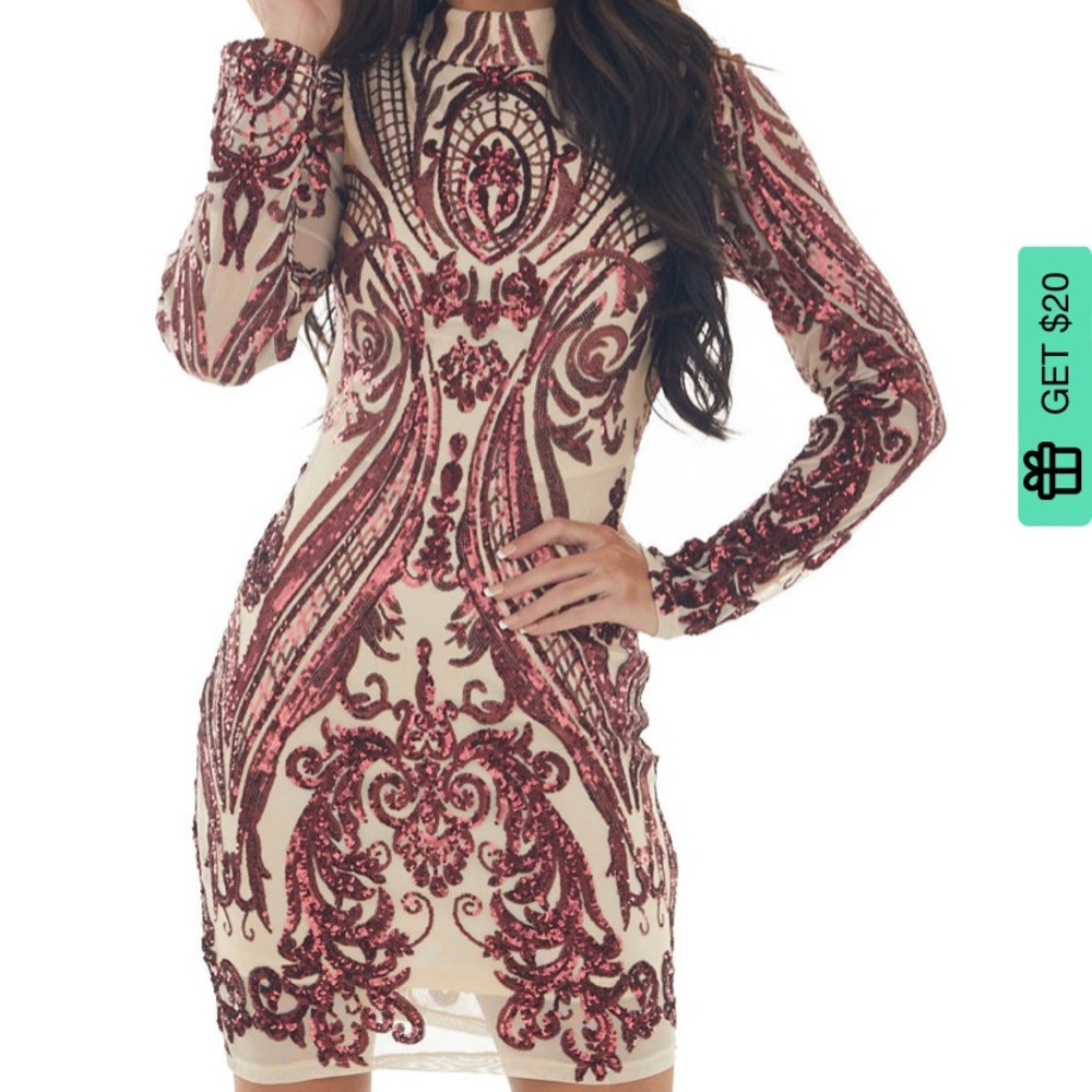 Nude Mesh Wine Sequin long sleeve dress